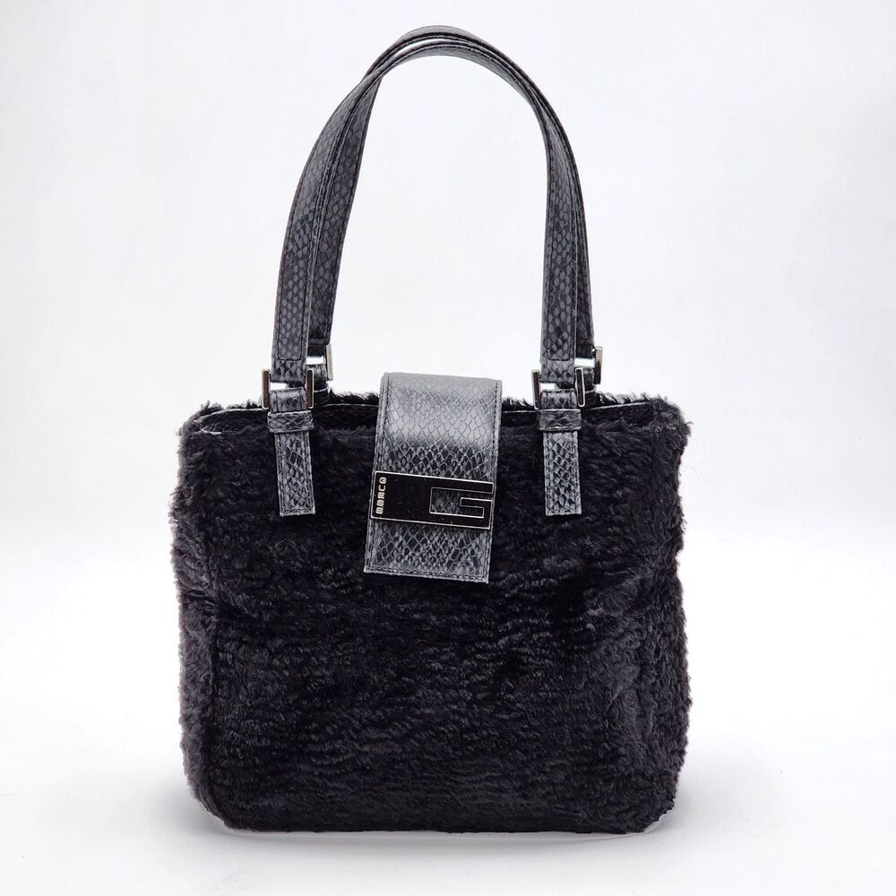 Guess Vintage Y2K Black Sherpa Fuzzy Mini Tote Handbag HTF